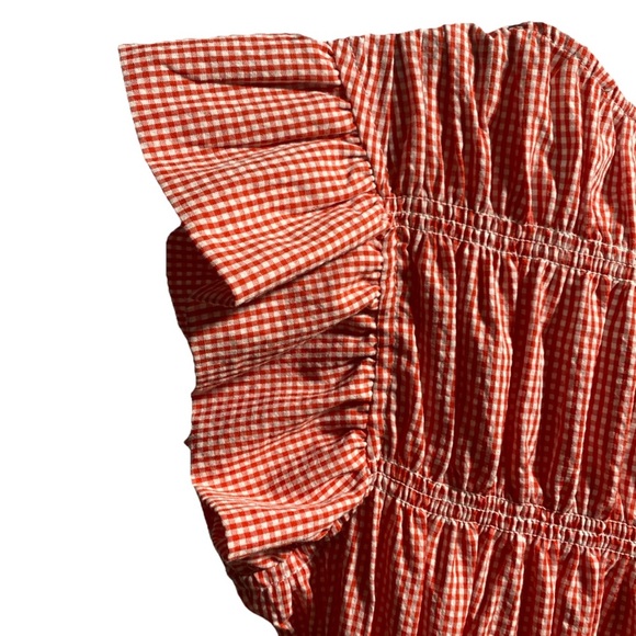 PEach LoveCalifornia Gingham smocked bodice flutters slave tiered midi dress J-2 - Picture 5 of 8